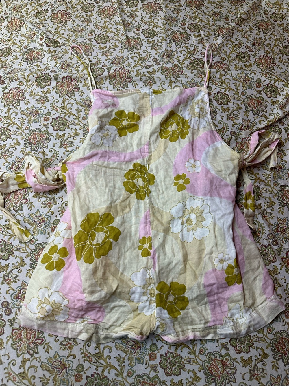 Oasis Pink, Olive and Cream Floral Tie-Shoulder Cotton Cami